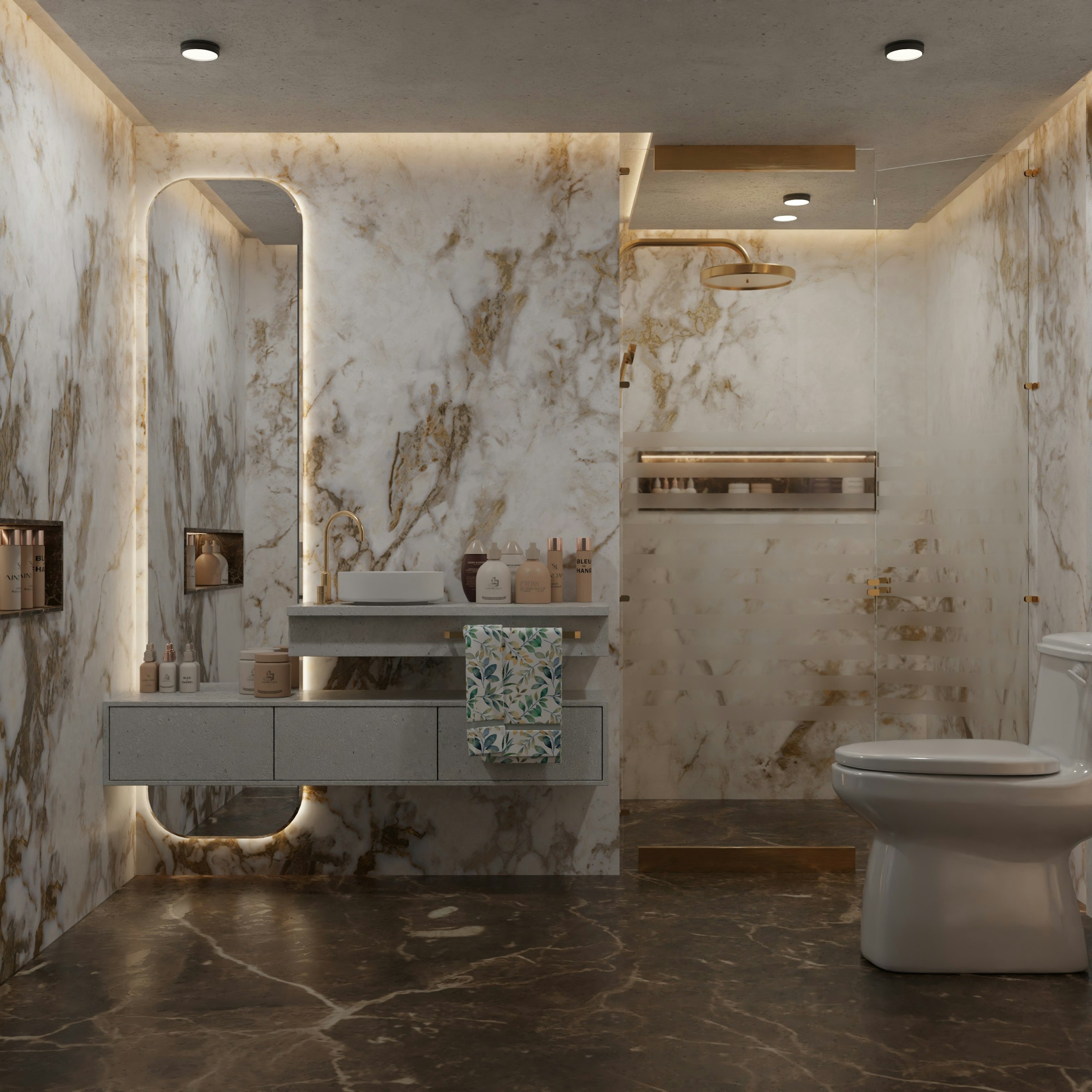 A warm marble bathroom with a walk-in shower, floating vanity, and backlit mirror